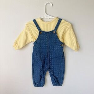 Zara Baby 2pc Set Yellow Waffle Knit Sweater Top Blue Quilted Overalls 1-3M